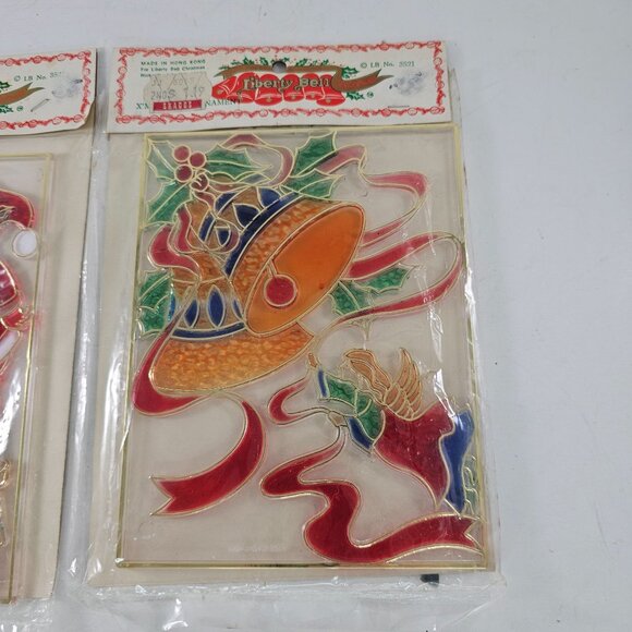 Vintage Liberty Bell Christmas Plastic Stained Glass Ornaments NOS Set of 2 - Picture 2 of 9